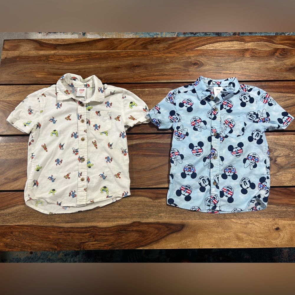 2- 4T button down shirts. Avengers and Mickey.